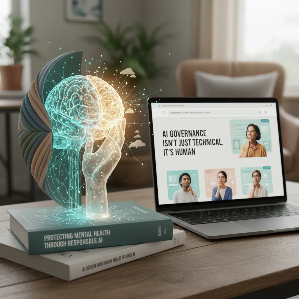 desk with 2 books, a laptop and AI brain 3d projection